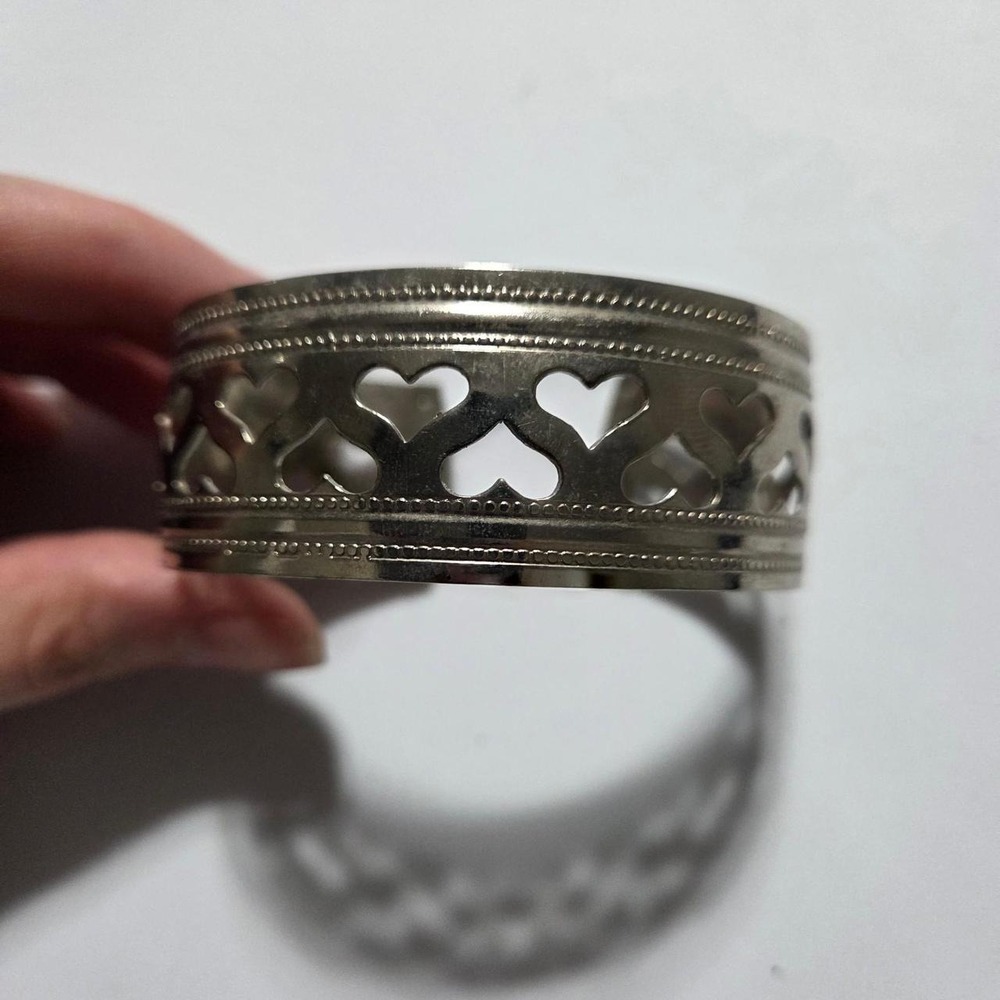 Silver Tone Open Heart Cutout Cuff Bracelet 6.25" Wide Boho Statement